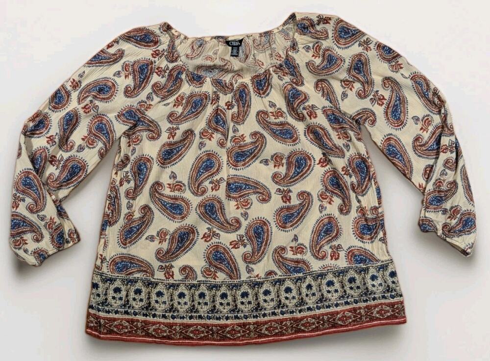 Chaps Denim Womens M Paisley Boho Blouse Crinkle Long Sleeve Border Print Y2K